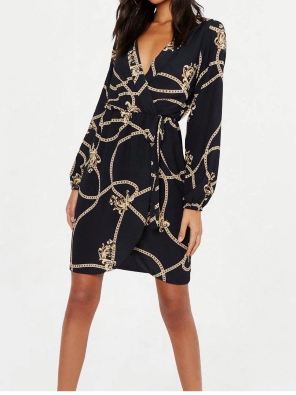 Boohoo Black Wrap Dress with Gold Chain Motif